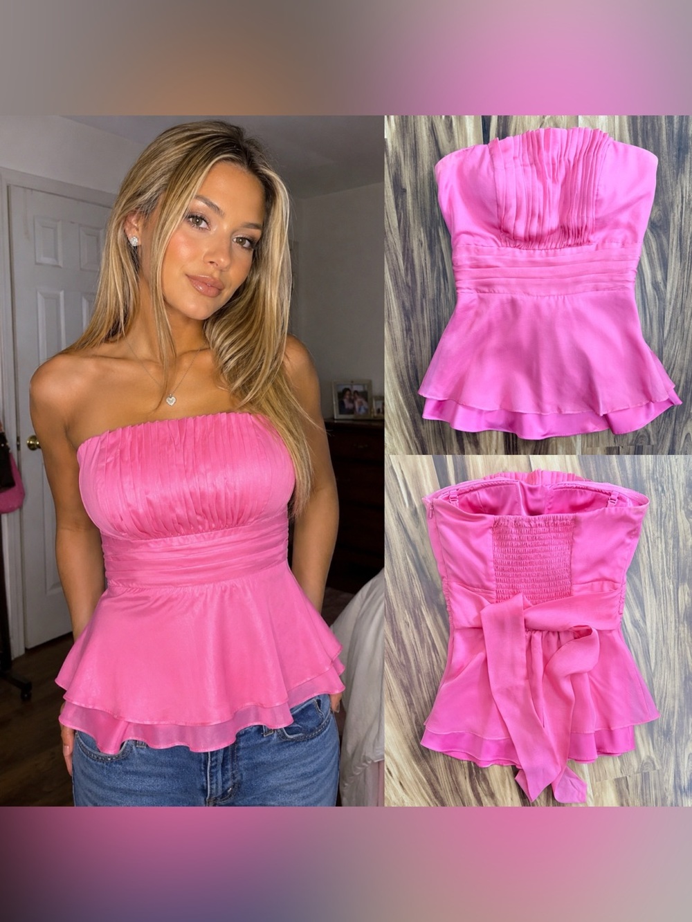 Y2K bebe Strapless Ruffled Peplum Top in Hot Pink